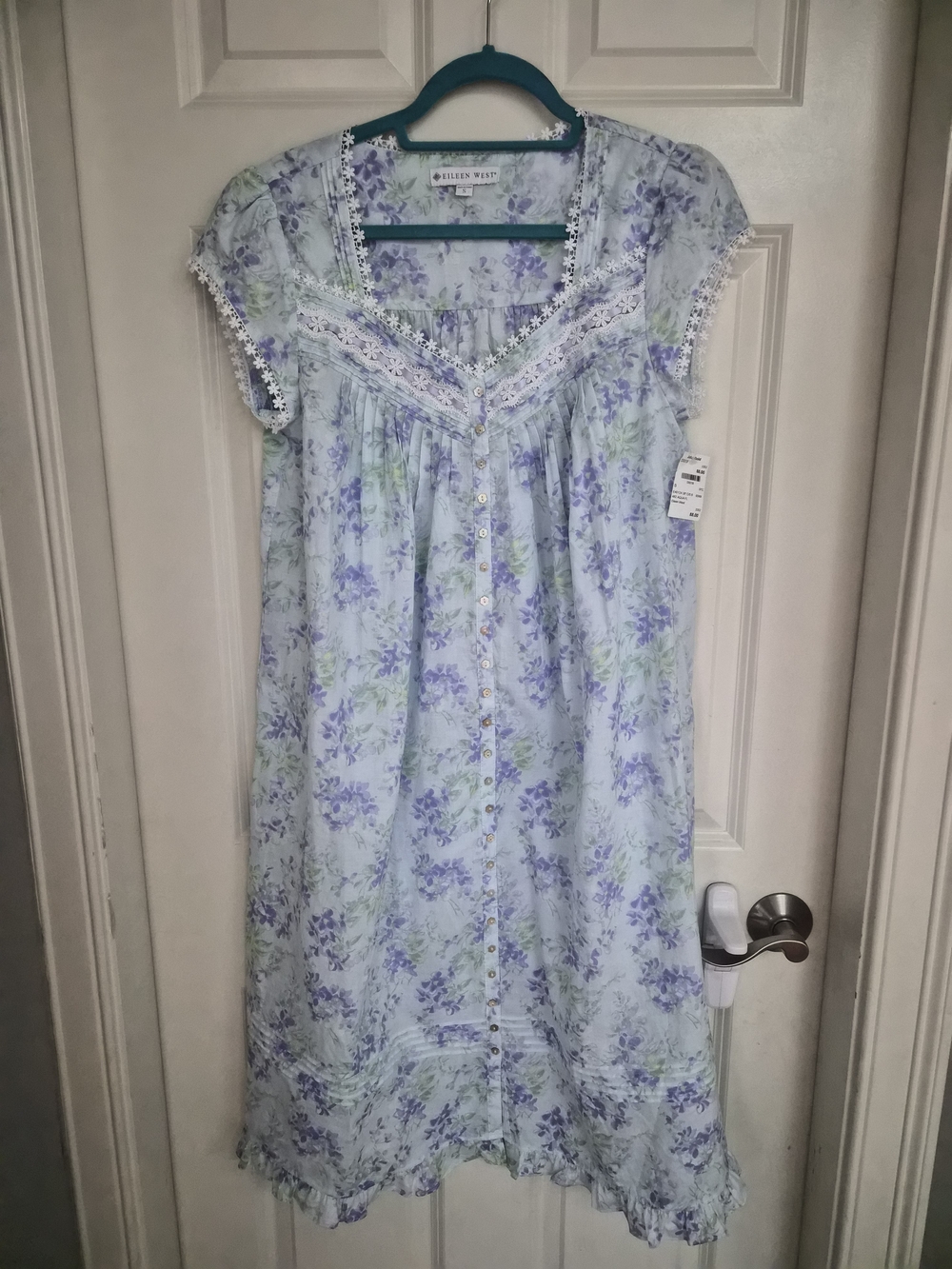 Eileen West Aqua Bloom Cotton Lawn Button Front Nightgown NWT